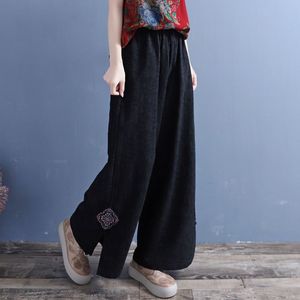 Artistic Retro Cotton Linen Wide Leg Trousers With Embroidery Split Design Casual Pants For Women - Product Image 2