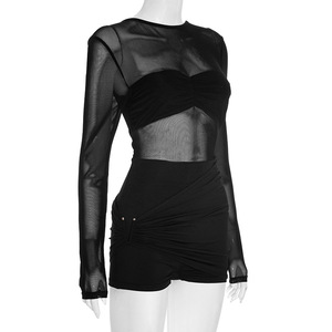 Combinaison courte sexy à manches longues en maille transparente unie, dos nu et volants, nouvelle collection automne pour femme - Product Image 5