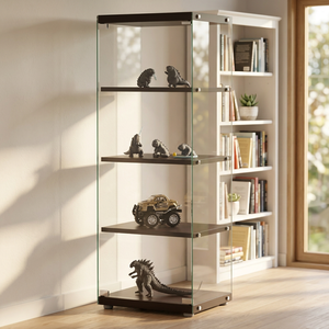 Modern 4-Tier Glass Display <b>Cabinet</b> With Wooden Shelves For Home Living Room furniture - Product Image 2