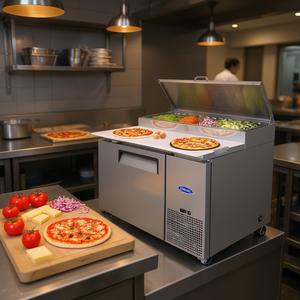 Table de préparation de pizzas commerciale Orikool 11 pieds cubes avec réfrigération intégrée et planche à découper en bois de boucher - Product Image 2