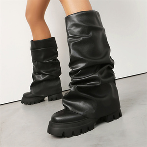 Thick-soled Show Catwalk Fashion <strong>Boots</strong> Fold One Pedal <strong>Trouser</strong> Legs <strong>Boots</strong> Middle <strong>Boots</strong> - Product Image 1