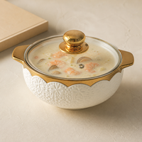 Ensemble de plats en céramique 3 pièces, blanc, motif floral en relief, bord doré, bols à soupe avec couvercle pour la maison, l'hôtel, le restaurant