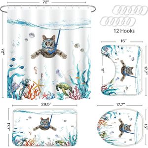 <b>Funny</b> Cat <b>Shower</b> <b>Curtain</b> Set with Rug Teal Blue Sea Ocean Bathroom Accessories 12 Hooks Home Decor 4 Pcs in Stock - Product Image 2