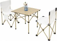 Table de camping FXKS avec 6 chaises, ensemble de pique-nique pliable portable - plateau en aluminium beige, cadre en acier carbone, sac de transport