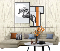 Ensemble d'art mural abstrait moderne et industriel avec cheval, chevalier monochrome et selle, impression jet d'encre sur toile, duo décor équestre, bois foncé