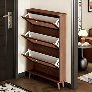 Armoire à chaussures ultra-mince <span class=keywords><strong>en</strong></span> <span class=keywords><strong>rotin</strong></span> <span class=keywords><strong>en</strong></span> bois du milieu du siècle, étagère à 3 niveaux, rangement de salon anti-poussière pour petit appartement - Product Image 6