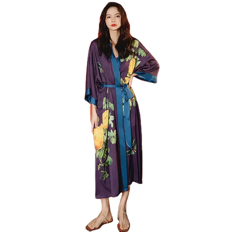 Kimono Kraag Paars Luxe Vrouwen Badjas <span class=keywords><strong>Chiffon</strong></span> Comfortabele Badjas