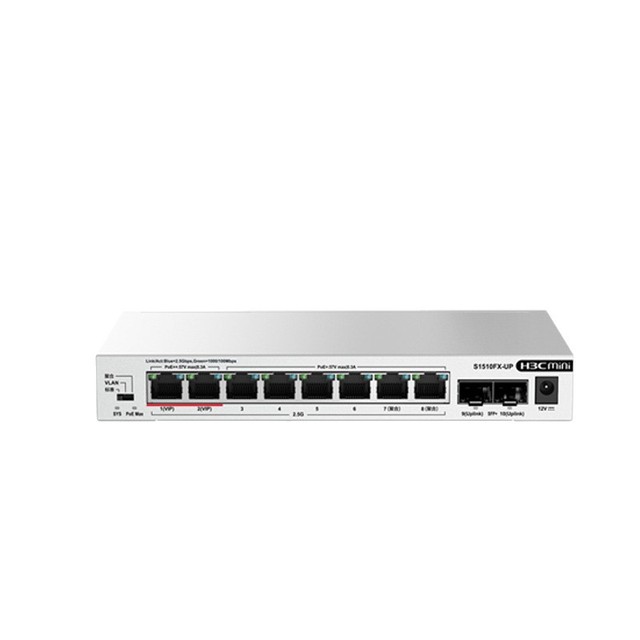H3C Mini S1510FX-UP 8 Port 2.5G Switch, 2 X 10G SFP+, 135W PoE, Desktop, Unmanaged, VLAN, Link Aggregation