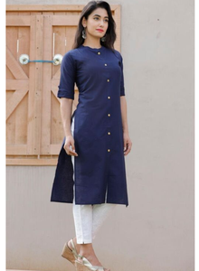 Compre Kurti de Algodón de Primera Calidad para Mujer, Corte en A, Color Azul Sólido, Estilo Casual, Cuello Mandarín, Kurta Étnica, Top para Uso Diario - Product Image 2