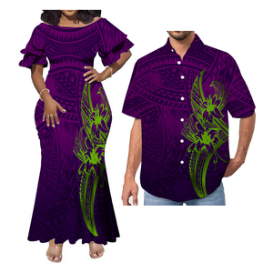 Vente en gros directe robe hawaïenne en queue de poisson à col style tropical pour hommes tenue de couple de grande taille tissu en mousseline de soie lavable - Product Image 3