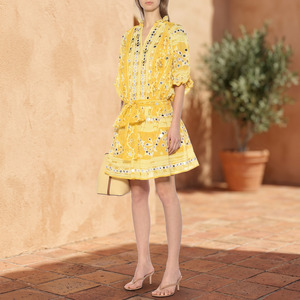 Nuevo Vestido Mini con Cuello en V, Transpirable, de Cintura Natural, con Lentejuelas Espejadas y Motivo Geométrico Amarillo Brillante, de Algodón Adornado, a la Moda - Product Image 3