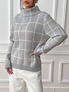 Factory <strong>Women</strong> Winter Long Sleeve Knitted Color Block Grid High <strong>Turtle</strong> <strong>Neck</strong> Sweater Pullover <strong>Jumper</strong> - Product Image 4