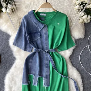 SMO 2024 Tshirt Dress For Women 2 Fabrics Denim Dress T-shirt Belt Printed T Shirt With Print