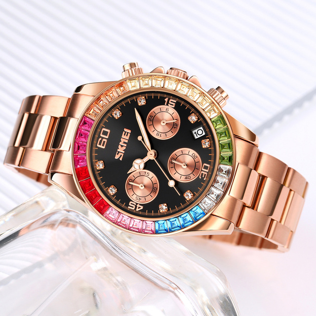 SKMEI 9367 Ladies Luxury Antique Alloy Case Analog Quartz Chronograph Diamond 48mm Waterproof Stainless Steel Back Watch Box