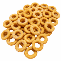 Vente en gros d'anneaux d'oignon pré-frits dorés et croustillants, approvisionnement en vrac, aliments surgelés en emballage en sachet