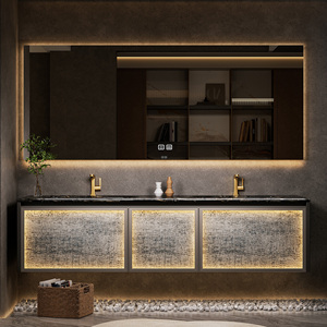 Meuble-lavabo de salle de bain, meuble-lavabo double vasque avec miroir LED anti-buée, meuble-lavabo mural flottant en bois massif - Product Image 1