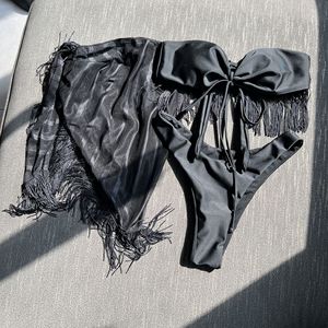 ชุดบิกินี่สามชิ้นสีพื้นแบบใหม่ พร้อมสายรัดอกเซ็กซี่ แต่งชายครุย ผ้าตาข่ายซีทรู - Product Image 6