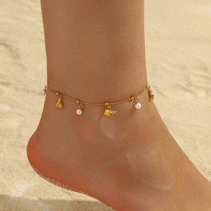 Ocean Animal Charm Anklet Gold Plated Stainless Steel Turtle Octopus Whale Pendant Imitation Pearl Tiny Bead Ankle Chain Women - Product Image 1
