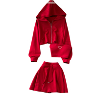 Ensemble 3 pièces décontracté pour femme, style doux, automne, avec top tube, veste courte à capuche et jupe taille haute