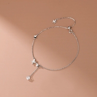 0045 Bracelet de cheville papillon en argent sterling S925 avec zircon pour femme, perles ajustables, motif floral, pompons, plaqué platine