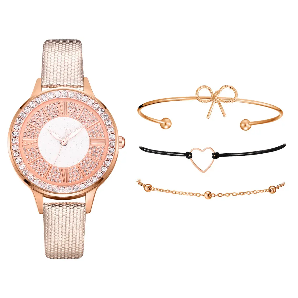 بسيطة أزياء ووتش الماس الكامل ساعة كوارتز المرأة الكلاسيكية بو حزام ساعة نسائية مع سوار 4 قطع مجموعات