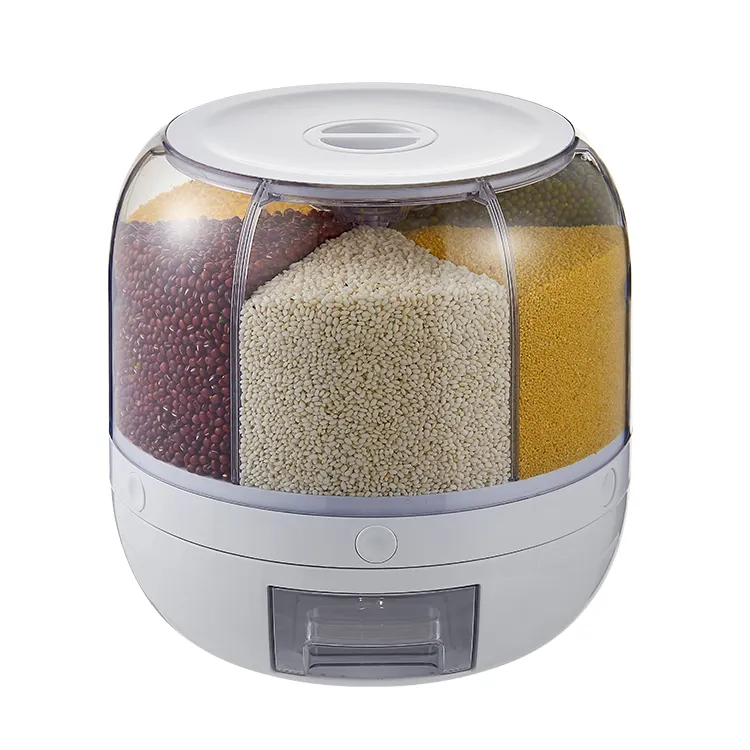 Вращающийся Кухонный Контейнер для хранения сухих продуктов, дозатор риса с 6 сетками, вращающиеся ведра для зерна, контейнер для хранения риса с крышкой