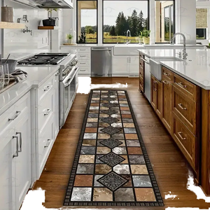 พรมครัวกันลื่นโพลีเอสเตอร์ทันสมัยหรูหรา ลายพิมพ์นามธรรมสีขาว เบจ น้ำตาล - Product Image 4