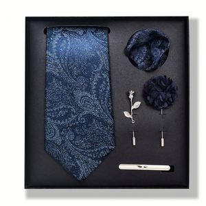 Men Tie Set 6-Piece Necktie <b>Gift</b> <b>Box</b> with Solid Color Striped Paisley Pocket Square Tie Clip Label Pin Fashionable Accessory Kit - Product Image 2