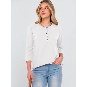 Chemise Henley en tricot gaufré à manches trois quarts pour femmes, haut décontracté boutonné, t-shirt basique, vêtements pour le printemps et l'été - Product Image 6