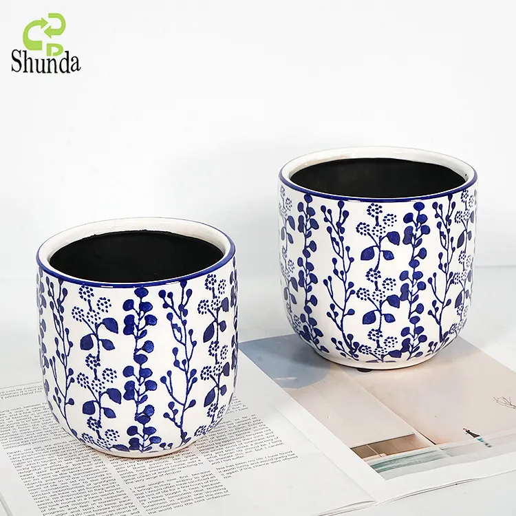 Buatan tangan mewah biru dan putih bulat keramik bonsai pot bunga modern pot pot pot sukulen keramik untuk tanaman