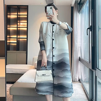 Robe plissée à imprimé paysager style Miyake pour femme, robe midi ample à boutons, prête à être expédiée
