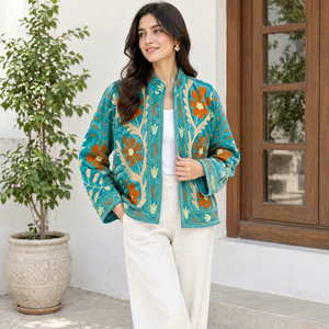 <b>Women's</b> Cotton <b>Coat</b> Embroidered Floral Mandarin Collar Full Sleeve Jacket Spring Prairie Chic Style Handmade Open Stitch - Product Image 1