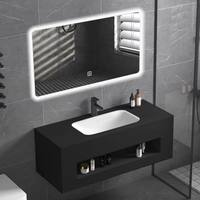 Ensemble de meuble-lavabo de salle de bain d'hôtel en pierre frittée résistante personnalisée en marbre noir et blanc moderne avec miroir intelligent à LED