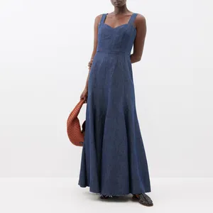महिलाओं वि neckline Stonewashed सनी-डेनिम जींस के कपड़े मुक्त बह स्कर्ट देवियों ब्लू डेनिम मैक्सी पोशाक