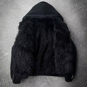 Fabricant de vestes réversibles en fourrure à double couche en polaire épaisse et lourde sur mesure, fermeture éclair, épaules tombantes, hiver, hommes, sweat à capuche en fourrure vierge - Product Image 2