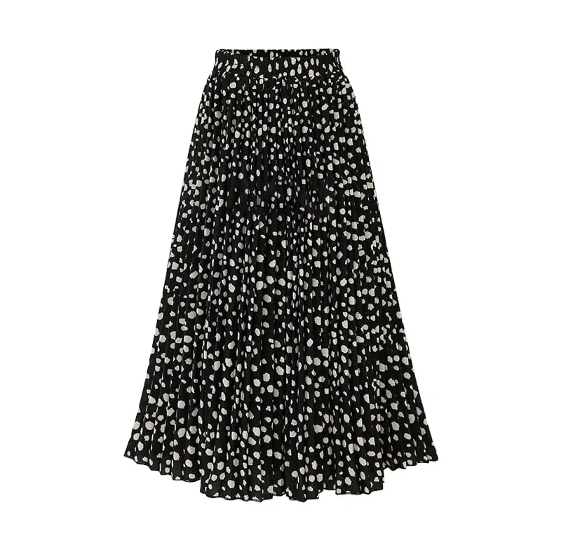 2021 Europe And America Summer Black And White Polka Dots Long Chiffon A-Line High Waist Skirt For Women