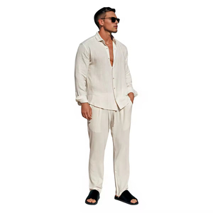 Set Camicia e Pantaloni in <span class=keywords><strong>Lino</strong></span> per <span class=keywords><strong>Uomo</strong></span>, Vendita all'Ingrosso, Logo Personalizzato, Completo in Puro <span class=keywords><strong>Lino</strong></span> a 2 Pezzi, Traspirante e Casual per Ordini all'Ingrosso - Product Image 4