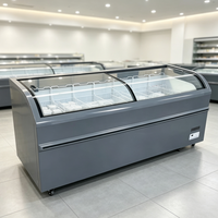 Congélateur îlot de style européen gris de 1,8 m, vitrine congélateur à coulissants vitrés incurvés pour supermarché, idéal pour la crème glacée et les aliments surgelés