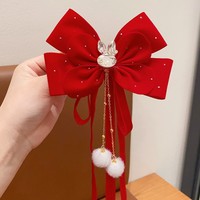 Nouvel an épingle à cheveux enfants arc cheveux accessoires fille rouge velours ruban arc épingle à cheveux noël arc pince à cheveux avec pompon blanc