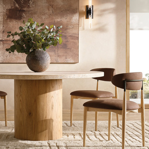 Table à manger ronde en <span class=keywords><strong>bois</strong></span> massif de style américain personnalisée Rhoohill, table à manger moderne de luxe avec plateau en travertin - Product Image 1