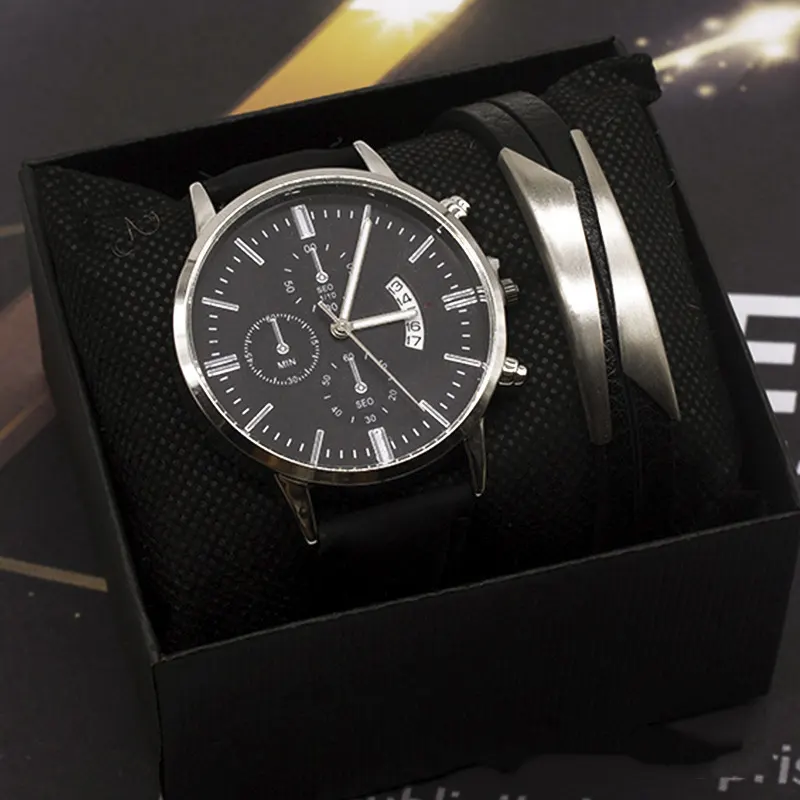 Hot Selling Men's Wrist Watch Set 2 Pcs Business Fashion Calendar Men's Quartz Watch Set