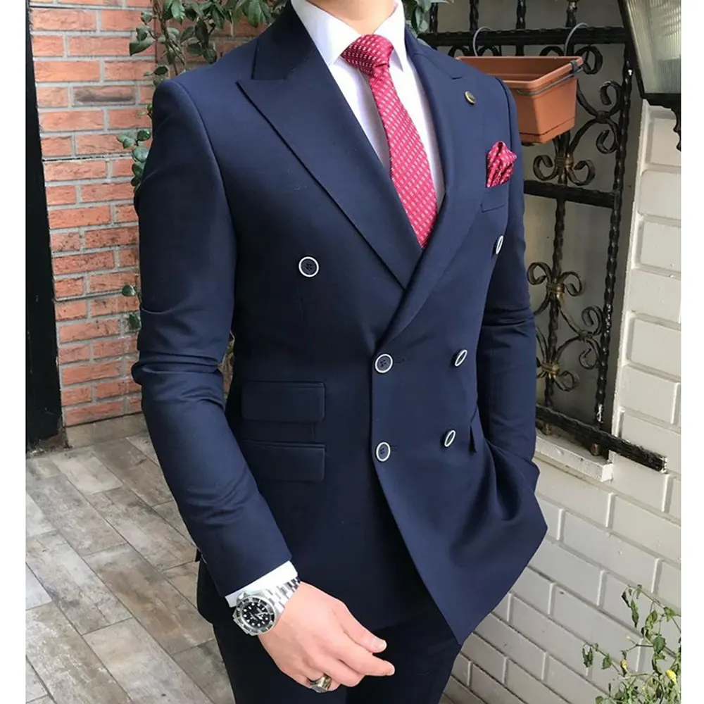 2023 New Arrivals Blue Men Suits Slim Fit 2 Pieces Double Breasted Prom For Wedding Tuxedos Casual Business Costume Homme Sets