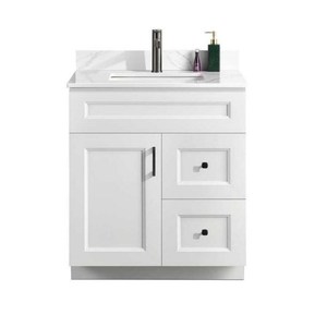 Set <span class=keywords><strong>Mobile</strong></span> <span class=keywords><strong>Bagno</strong></span> Moderno Bianco Stile Shaker con Top in Quarzo, Lavabo Sottopiano, Cassetti, Ante e Ferramenta Nera - Product Image 2