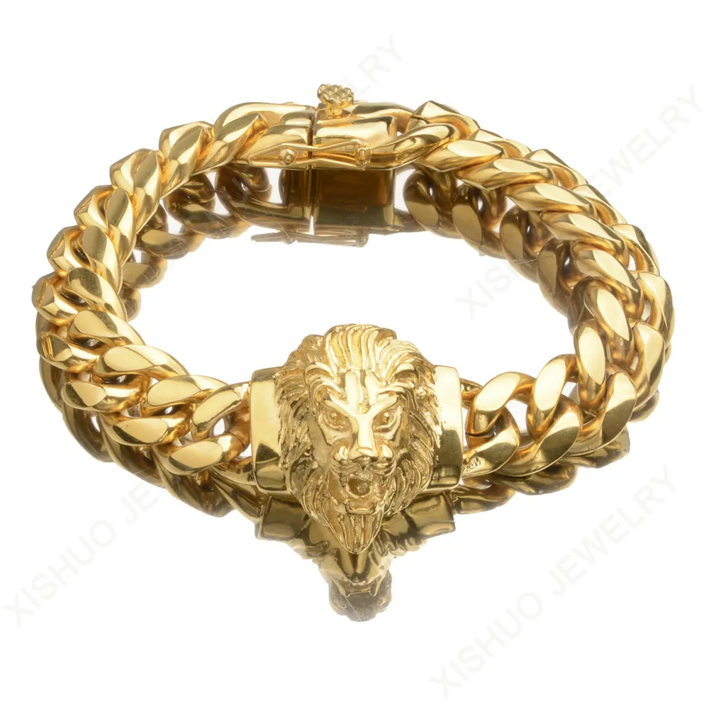 Hot Selling Custom 18K Gold Plating Figaro Chain Lion Head Pendant Bracelet Men Women Jewelry