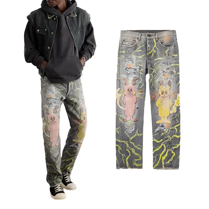 Haute qualité personnalisé Street Art Rock Man jambe droite embelli en détresse Jeans Club hommes coupe ample jambe droite Jeans