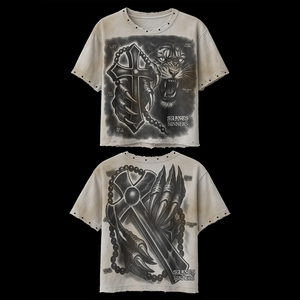 T-shirt da uomo personalizzata OEM ODM oversize, taglio corto, lavaggio acido, 100% cotone, stampa grafica tigre e croce, effetto distressed e sfilacciato, stile grunge Y2K - Product Image 3