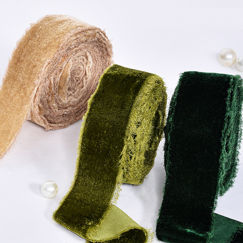 YAMA 4CM Green Polyester Silk Hand-torn Velvet Ribbon for Gift Box Wrapping Flower Packaging Hair Bow