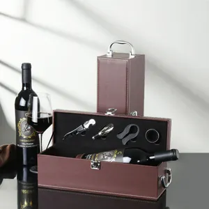 Scatola di vino in pelle PU apriscatole per vino Set regalo in pelle singolo vino rosso portabottiglie manico da viaggio Organizer regalo