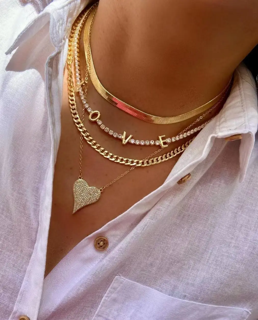 New Cuban Link Chain Gold Filled Statement Custom Pendent Jewelry Necklace Set heart shaped Zircon necklace