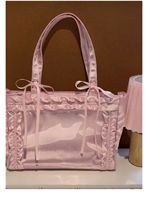 Tas Selempang Wanita Custom Made Pink Satin Bow Ita Bag dengan Pegangan Pita Ganda dan Jendela Transparan, Pesanan Grosir dalam Jumlah Besar